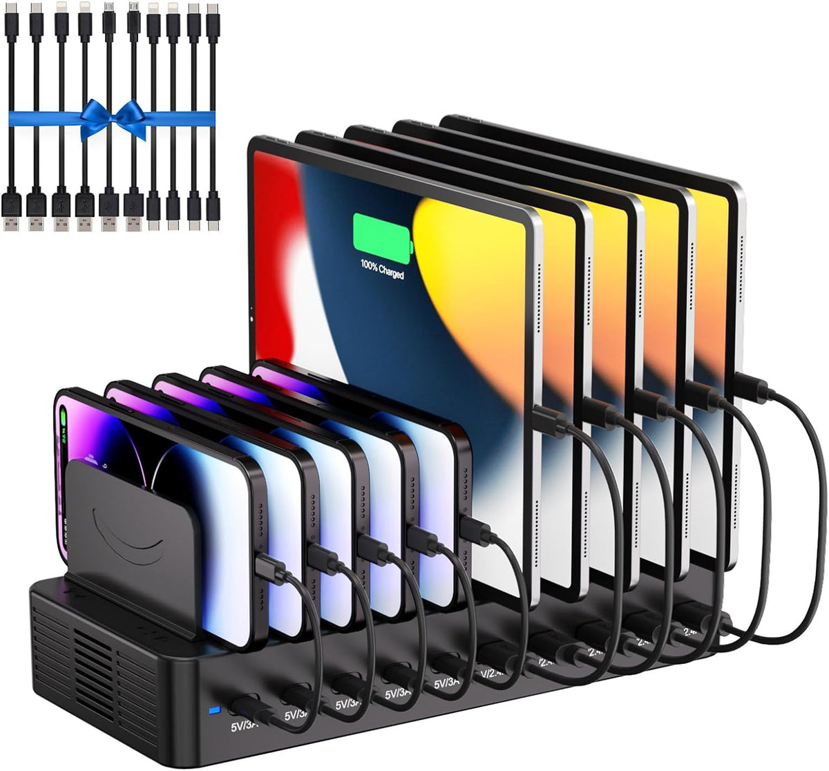 Estación de carga de 100 W para múltiples dispositivos, estación de carga rápida USB de 10 puertos con divisores ajustables y 10 cables, base de carga organizadora de múltiples dispositivos para