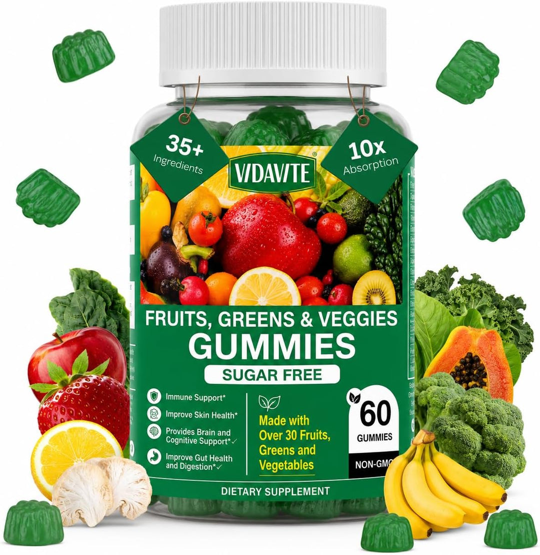 VIDAVITE Gomitas Super Greens sin azúcar, hechas en Estados Unidos,...