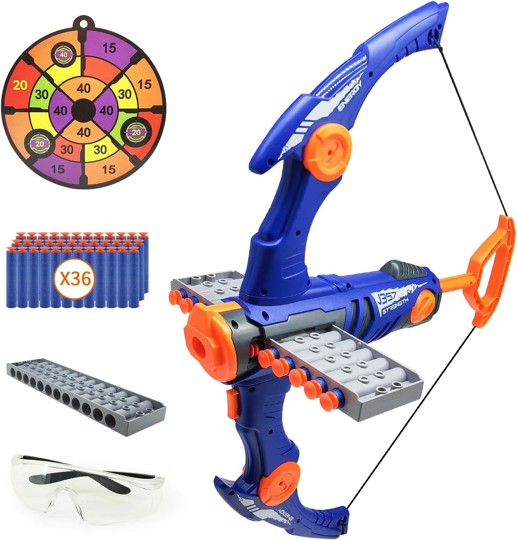 Arco y flecha de juguete para balas de pistola Nerf, juego de tiro con bala de espuma de 12 dardos con 36 dardos de espuma, 1 gafas y objetivo, regalo de cumpleaños para fiesta (azul)
