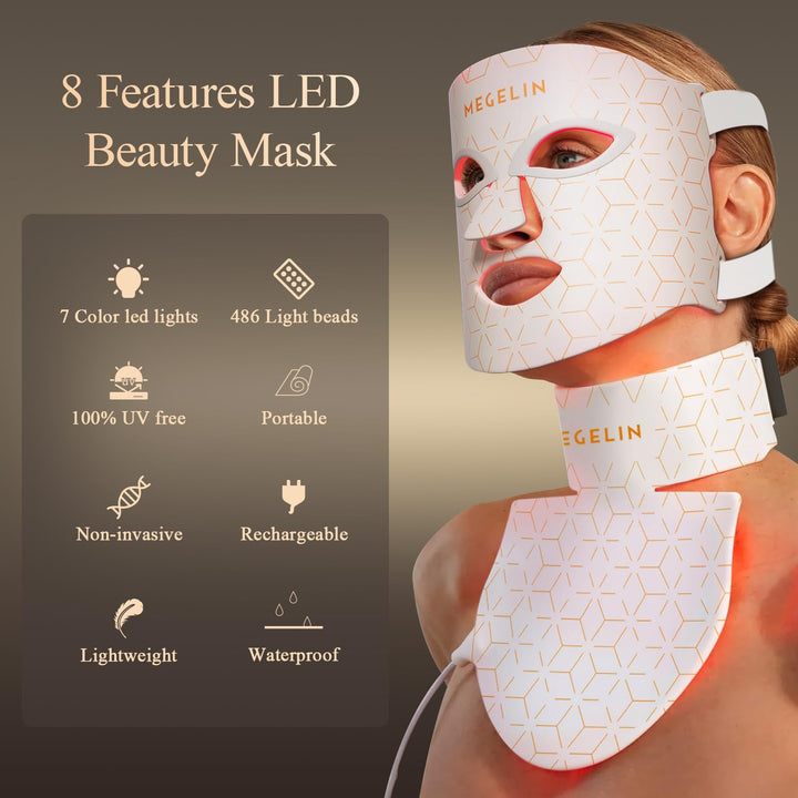 MEGELIN Máscara Facial y de Cuello de Terapia de Luz Roja LED, Másc...
