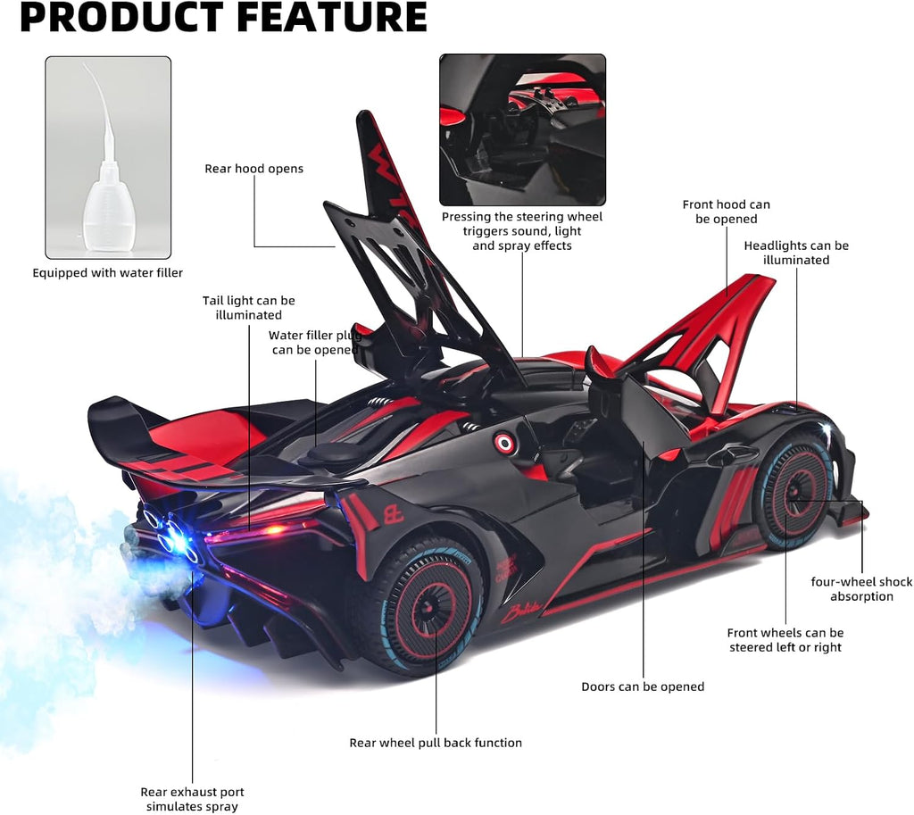 1/24 Coches de juguete fundidos a presión con spray compatibles con Bugatti Bolide