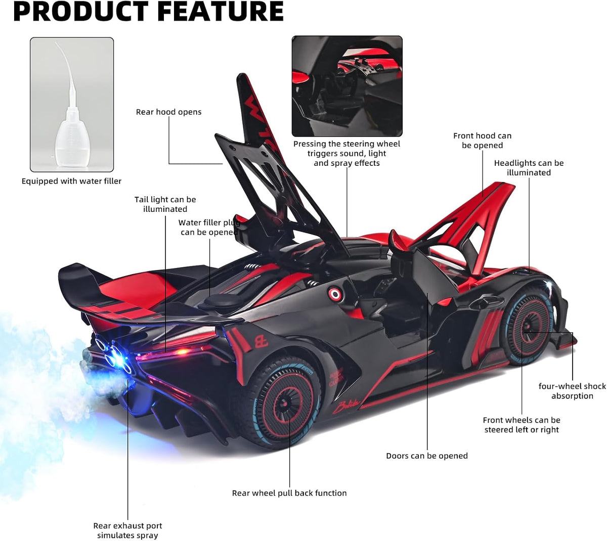 1/24 Coches de juguete fundidos a presión con spray compatibles con Bugatti Bolide