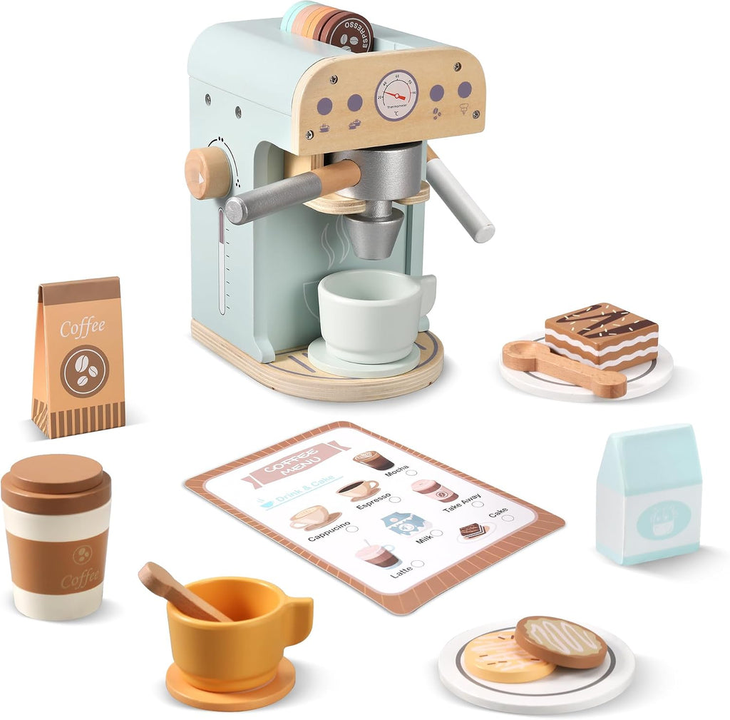 Juguete para cafeteras de madera para niños, electrodomésticos de cocina y accesorios de juguete para niños pequeños, regalo para niñas y niños