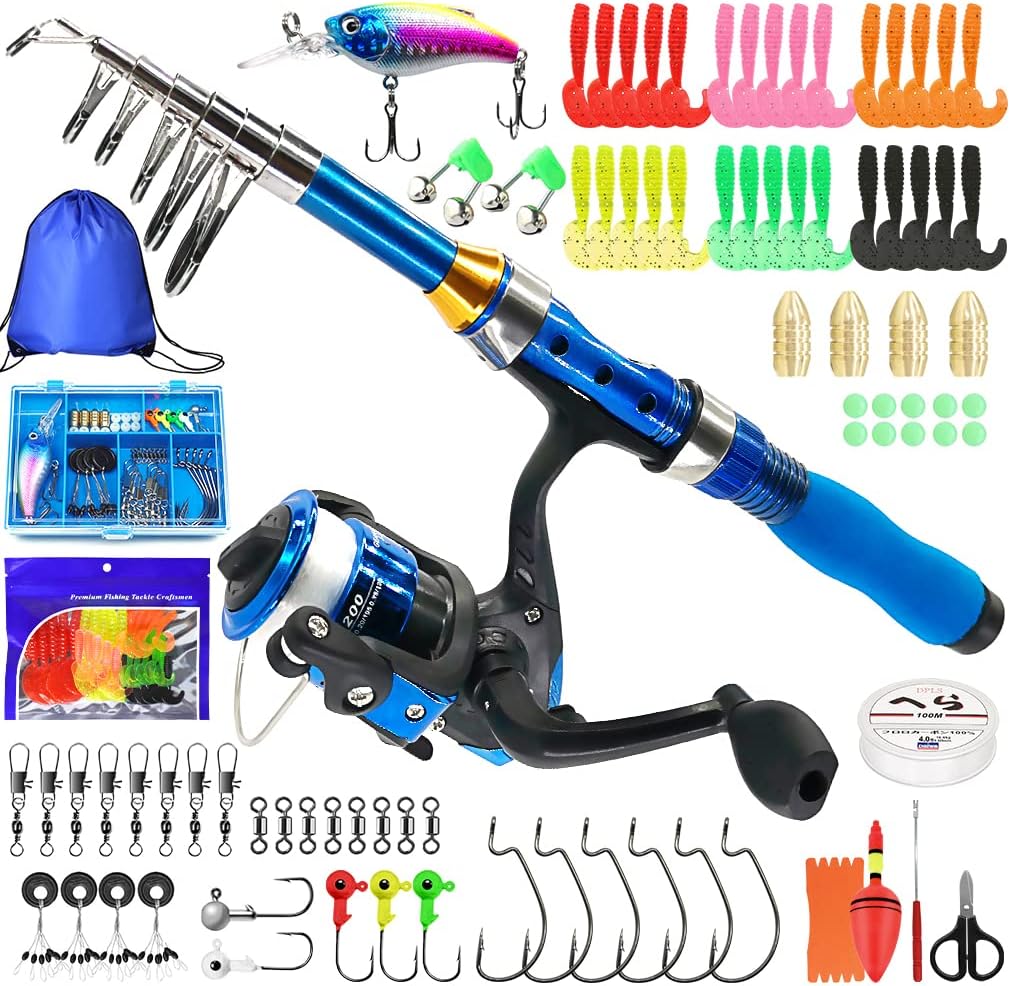 Kilitn Caña de Pescar para Niños, 1.5M 61 Pulgadas 4.92 Pies Caña de Pescar Telescópica Portátil y Combos de Caña y Carrete y Cuerda con Línea de Pesca Kits Completos, Caña de Pescar Juvenil Equipo de