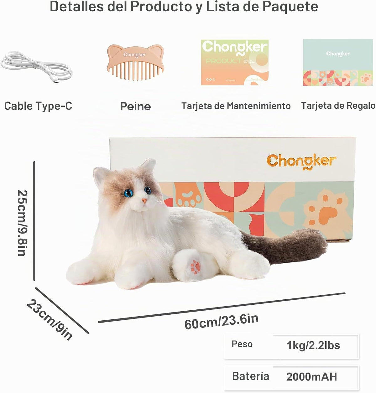 Chongker Compañero interactivo robot gato mascotas, animales de peluche con peso hecho a mano, juguete de peluche para gato con respuesta de voz, latido realista del corazón y ronroneo, gato Ragdoll