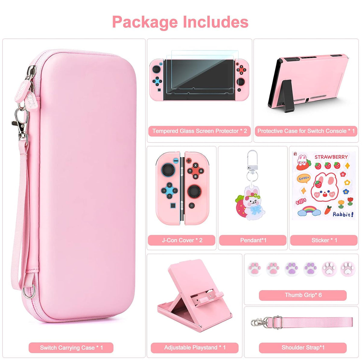 Younik Accesorios Bundle para Switch, Kit de 17 en 1 en Rosa para Niñas, Incluye estuche de transporte para Switch, soporte ajustable, estuche protector para consola Switch y J-Con Rosa