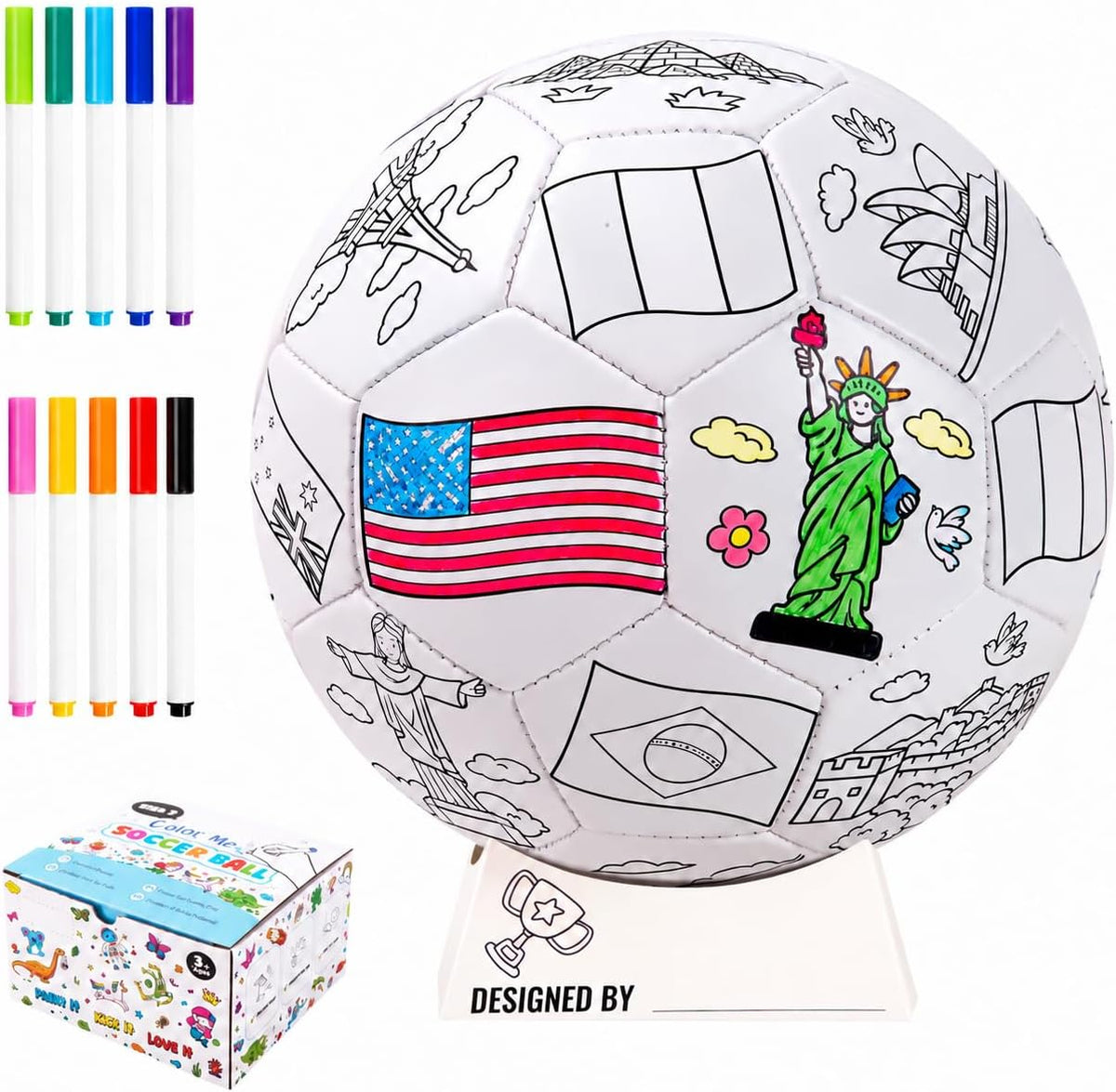 Innotoys Colorea tu propia pelota de fútbol tamaño 3 para niños de 3 a 8 años – Banderas de bricolaje pintables Kit de manualidades con marcadores, juguete de fútbol personalizado para niños y niñas