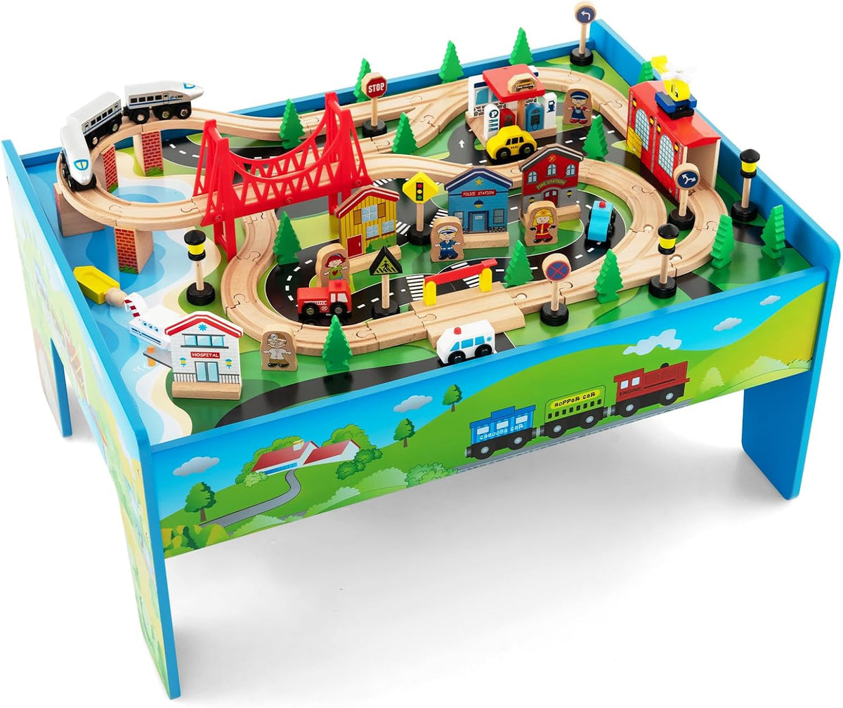 Mesa de Tren INFANS, Juego de 80 Piezas de Madera para Niños con Juego de Actividad Reversible y Desmontable, Pistas, Tren, Ferrocarril, Ciudad, Regalo para Niños de 3+ Años (82.5 cm x 60 cm x 40.5 cm