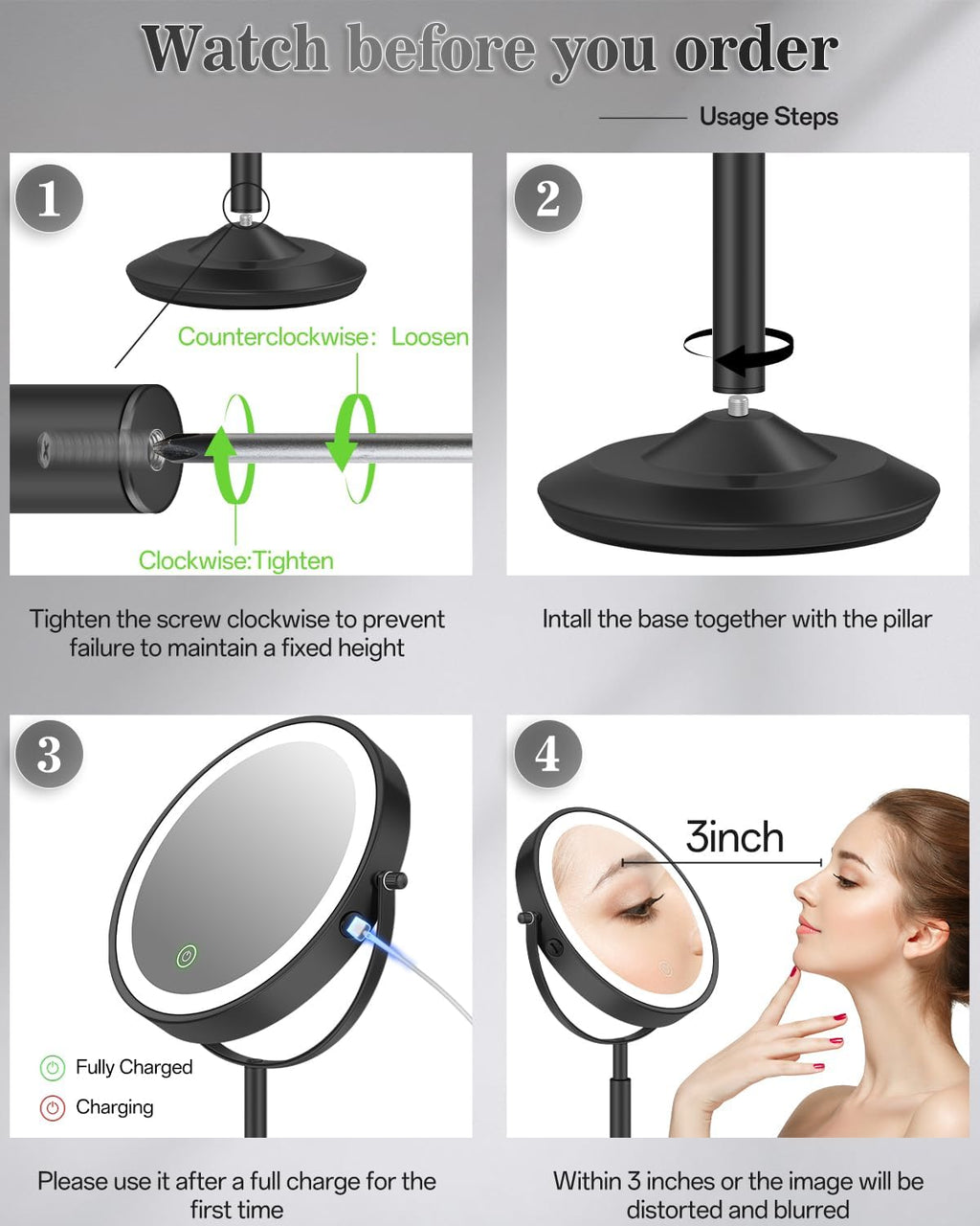 Espejo de maquillaje iluminado de 8 pulgadas con luz, espejo ajustable de