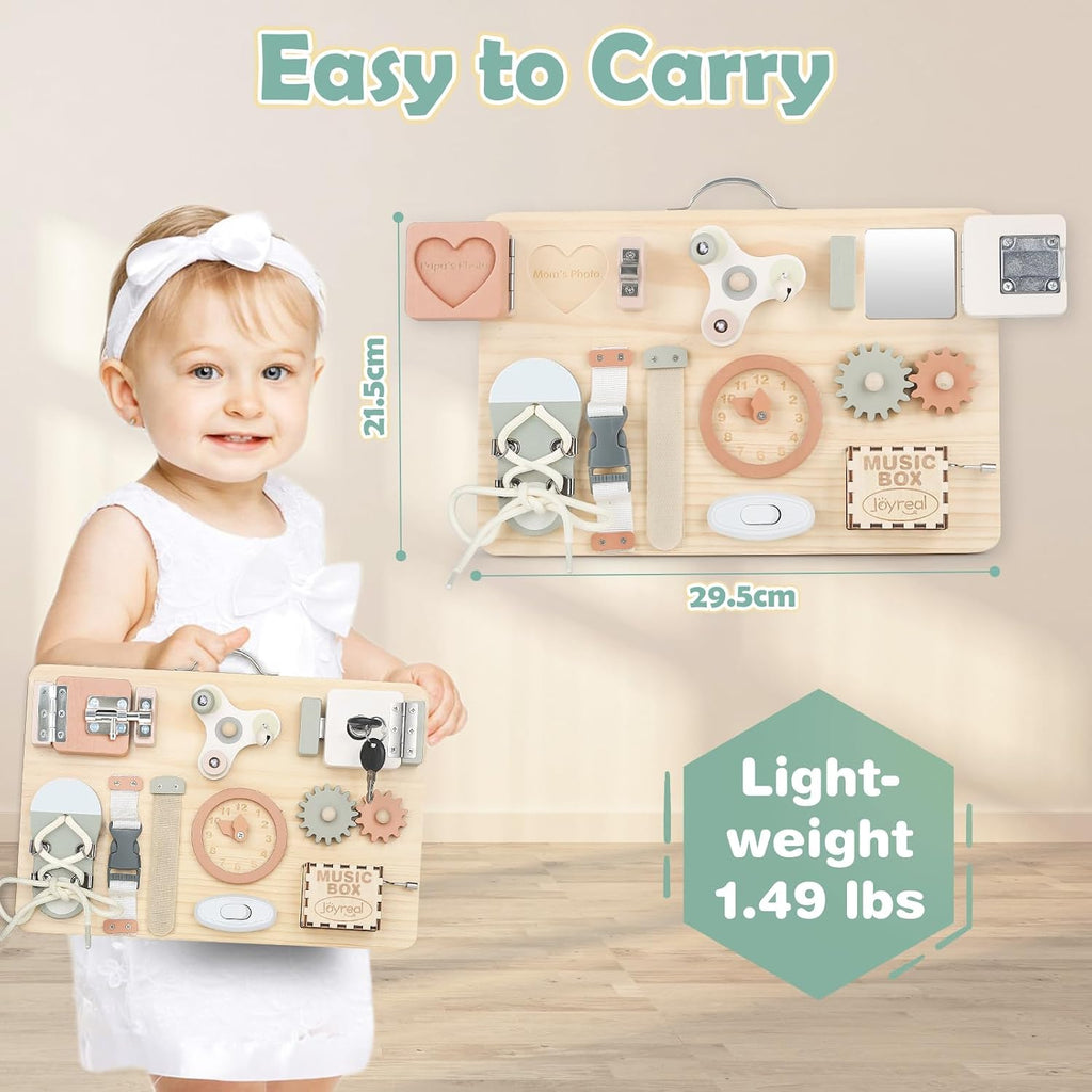 Joyreal Tablero de madera para niños pequeños, juguetes Montessori para niños de 1, 2, 3 años, tablero de actividades sensoriales con caja de música y 12 actividades de habilidades motoras, juguetes