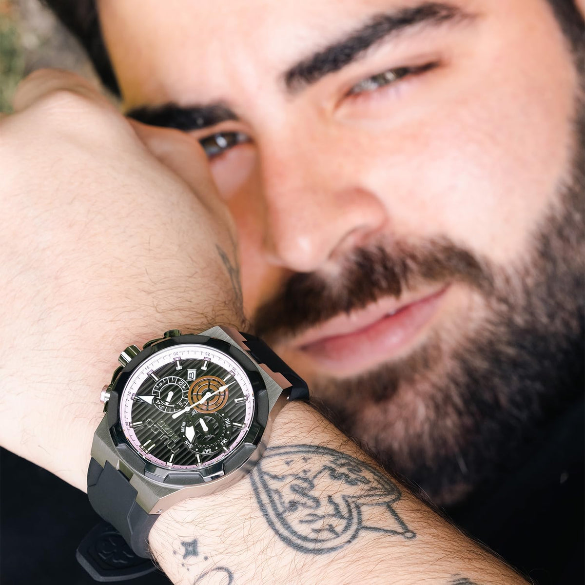 MULCO Reloj de Pulsera para Hombre Atlantis 46mm Caja de Acero Inoxidable Correa de Silicona Negra Movimiento Multifunción de Cuarzo Miyota JP25 10 ATM Resistente al Agua Reloj de Cara Grande para Hombre