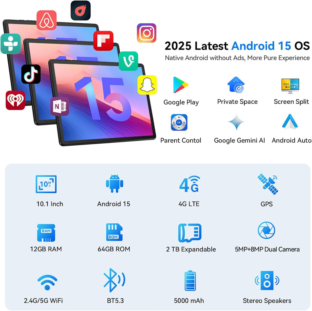 Topsand Tablet Android 15 de 10 pulgadas con ranura para tarjeta SI...