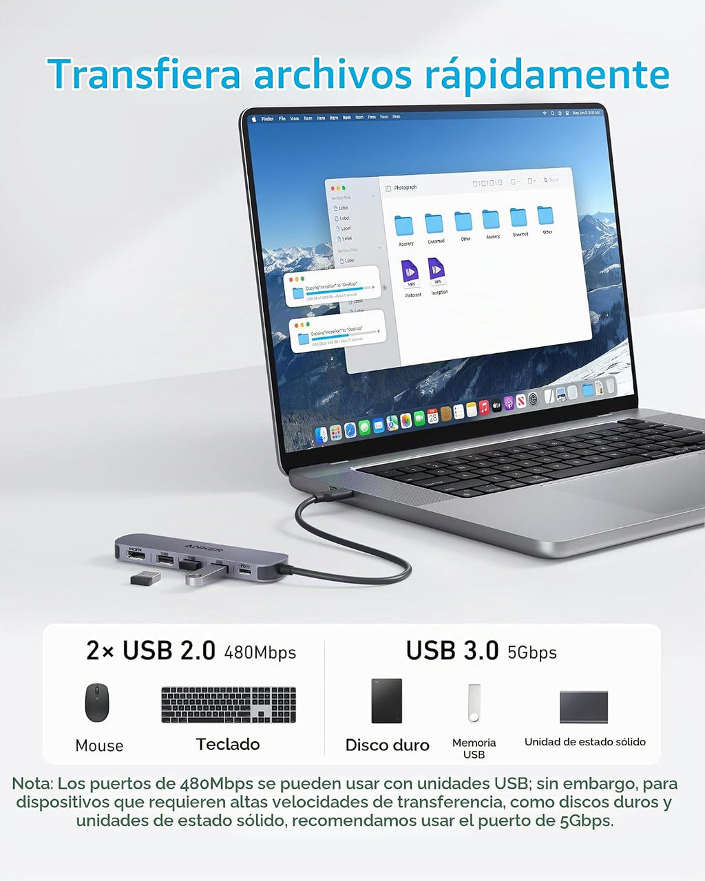 Anker, A8357, hub USB 5 de 3 puertos