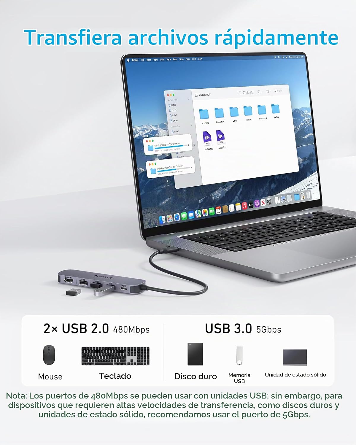 Anker, A8357, hub USB 5 de 3 puertos