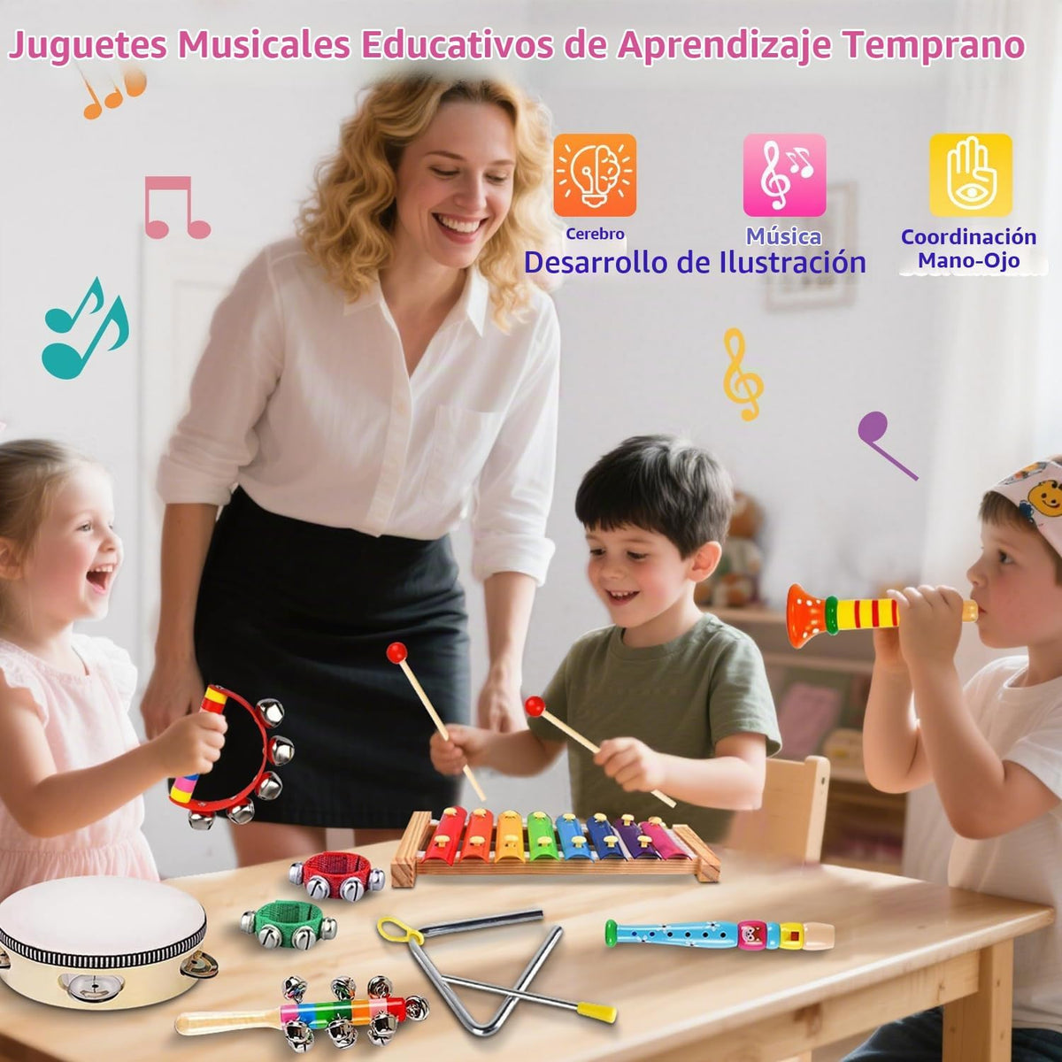 Instrumentos musicales para niños, instrumentos de percusión de madera, pandereta, juguetes de xilófono, educación preescolar, juguete musical de aprendizaje temprano para niños y niñas de 2