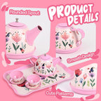 Juego de fiesta de té floral para niñas pequeñas de 3 a 6 años, juego de 15 piezas de juguetes de cocina de simulación con tetera, tazas, platos y estuche de almacenamiento, juego de