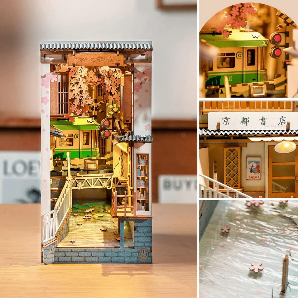 Rolife Kit de Rincón de Libros DIY Sakura Densya, Kit de Rincón de Libros en Miniatura DIY Separador de Libros Decorativo Creativo Inserto para Estantería Rompecabezas 3D para Adultos, Decoraciones de