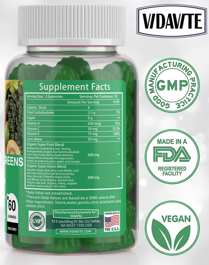 VIDAVITE Gomitas Super Greens sin azúcar, hechas en Estados Unidos,...