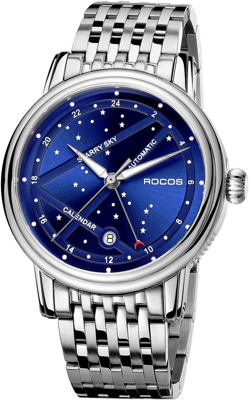 ROCOSJEWE Reloj mecánico automático de lujo para hombre, correa luminosa de acero inoxidable, impermeable, visualización de fecha, relojes de negocios de moda para hombres