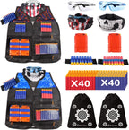 2 juegos de chaleco táctico Exsport, 2 chaquetas tácticas de élite para pistola Pack N-Strike 2 manos de muñeca, 2 clips de recarga rápida, 2 anteojos de protección y 2 máscaras para niños