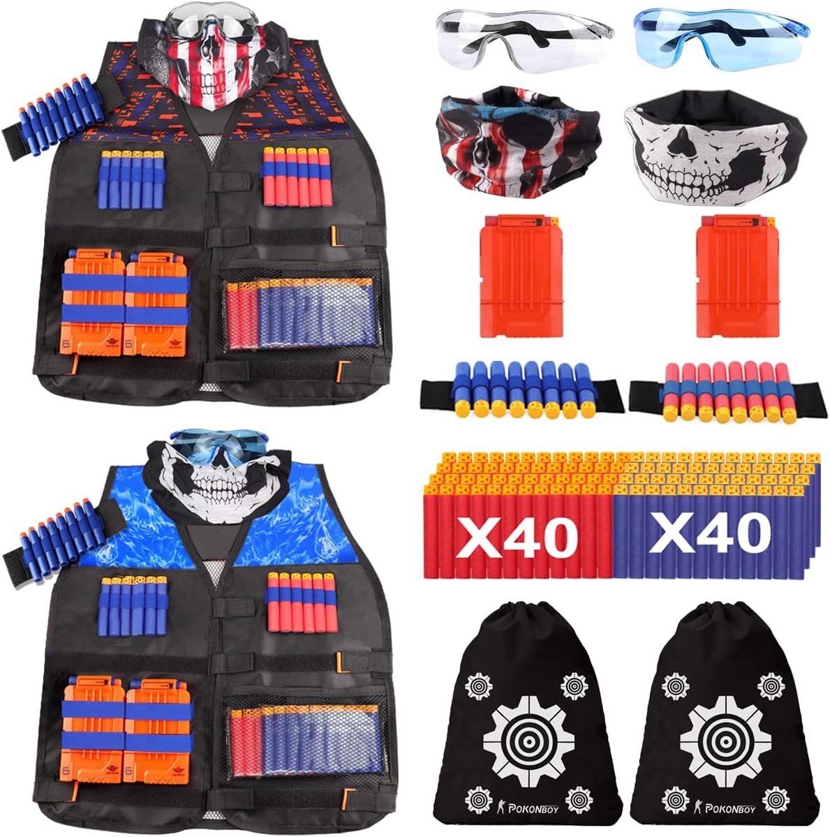 2 juegos de chaleco táctico Exsport, 2 chaquetas tácticas de élite para pistola Pack N-Strike 2 manos de muñeca, 2 clips de recarga rápida, 2 anteojos de protección y 2 máscaras para niños