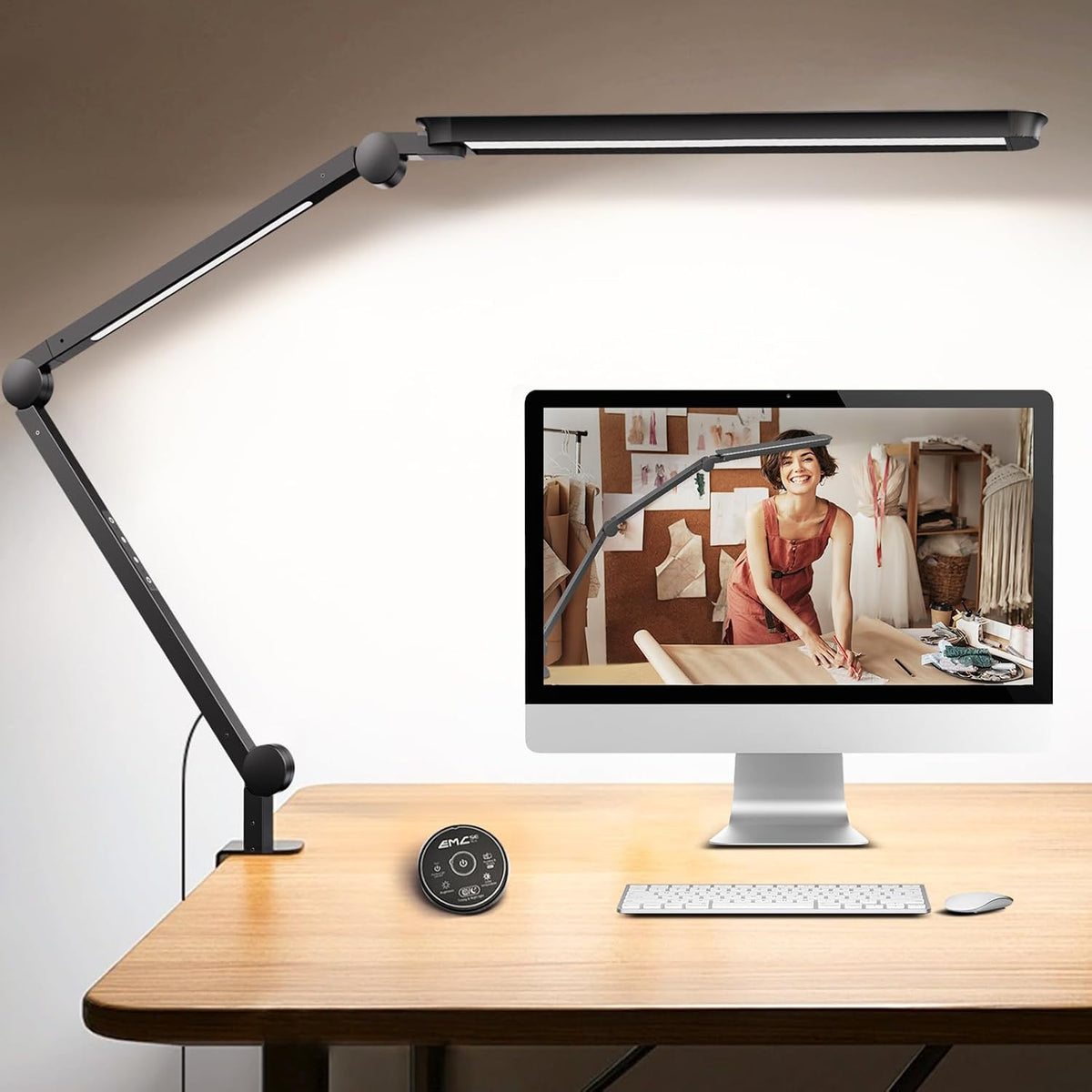 Lámpara Lámpara de escritorio LED con abrazadera, lámpara de escritorio de arquitecto con control remoto, luz de escritorio de brazo oscilante flexible con luz LED dual, atenuación continua, 5 modos de color