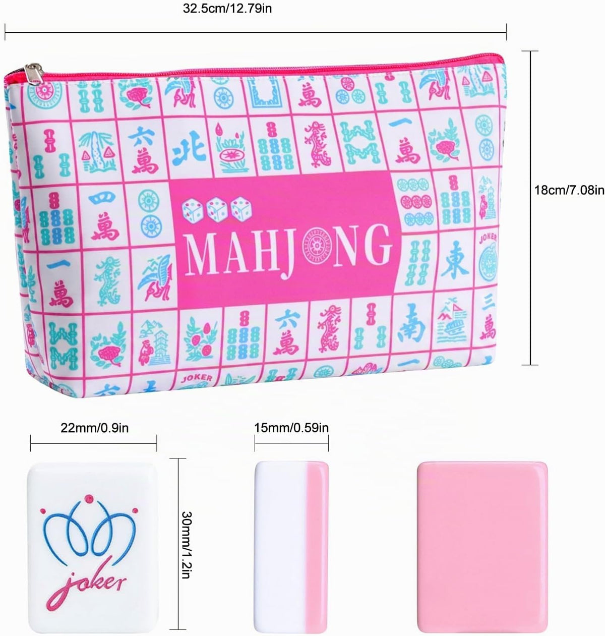 Set de 160 Fichas de Mahjong en color Rosa con Grabado y Bolsa de Transporte y Accesorios, Juego de Fichas de Mahjong de 1.2’’