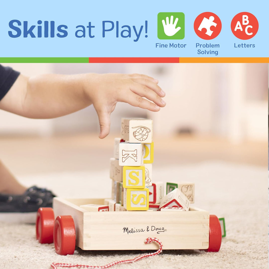 Melissa & Doug Carro de Bloques de Madera Clásico ABC, Juguete Educativo con 30 Bloques de Madera Maciza de 1 Pulgada, Multicolor