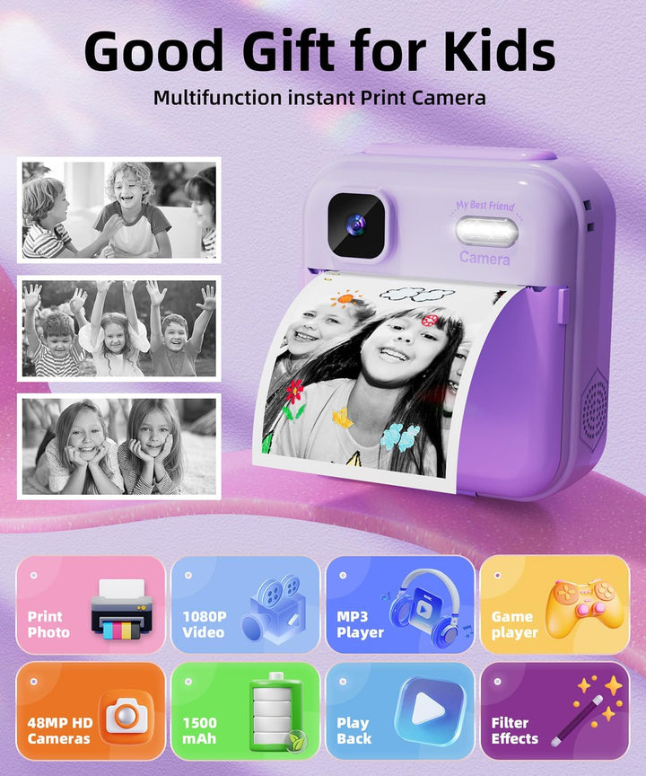 Cámara de impresión instantánea para niños y niñas, cámaras HD de 4...