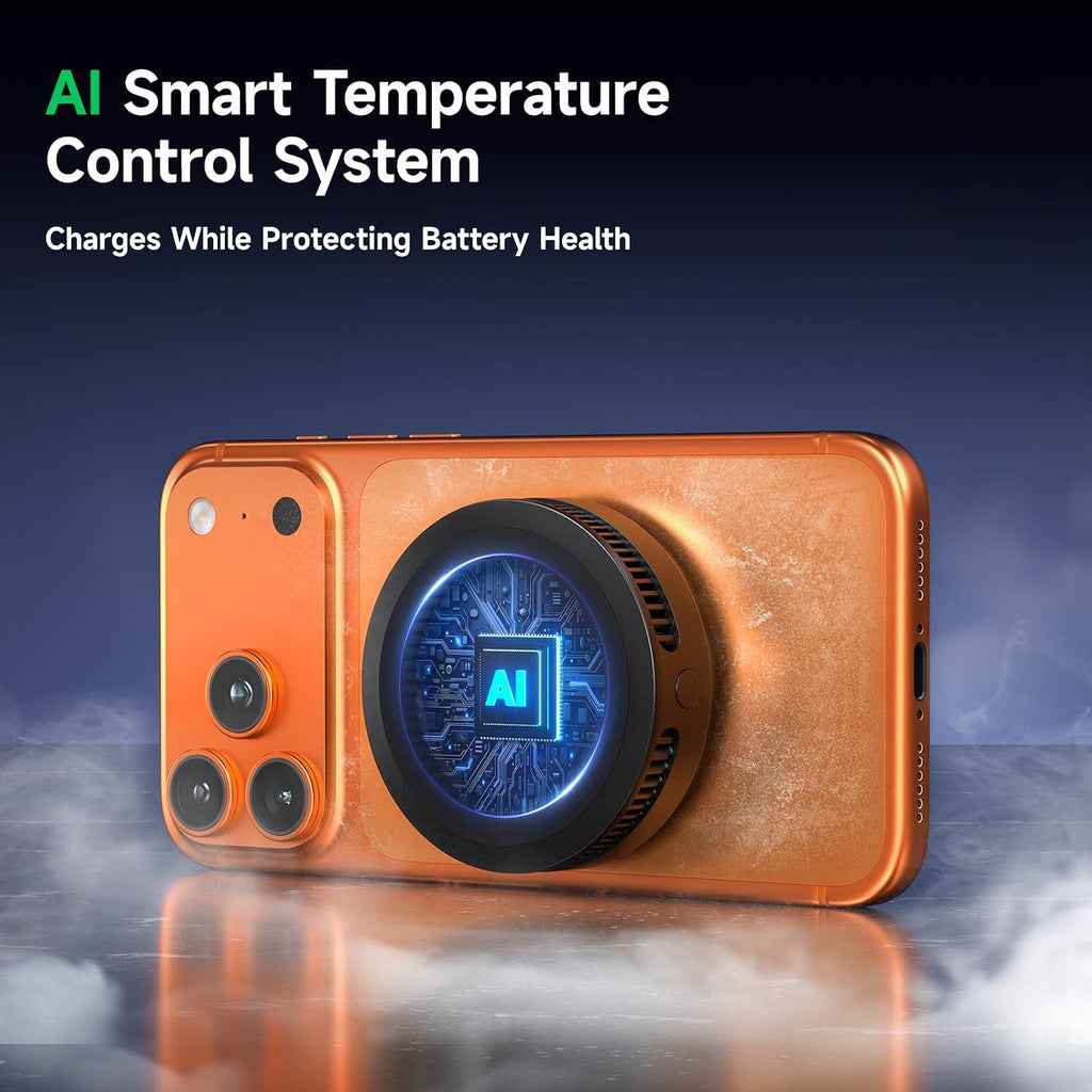 Black Shark Cargador inalámbrico con ventilador de refrigeración, almohadilla magnética de doble cara de 25 W compatible con carga MagSafe de iPhone 17/16/15/14, enfriador de teléfono para juegos/transmisión