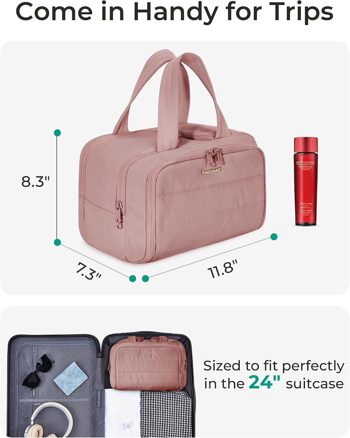 BAGSMART Bolsa de Aseo de Viaje, Bolsa de Aseo Resistente para Mujeres, Bolsas de Aseo Ampliamente Abiertas y Esponjosas para Viajar, Organizador Grande de Bolsa de Cosméticos de Viaje para Accesorios