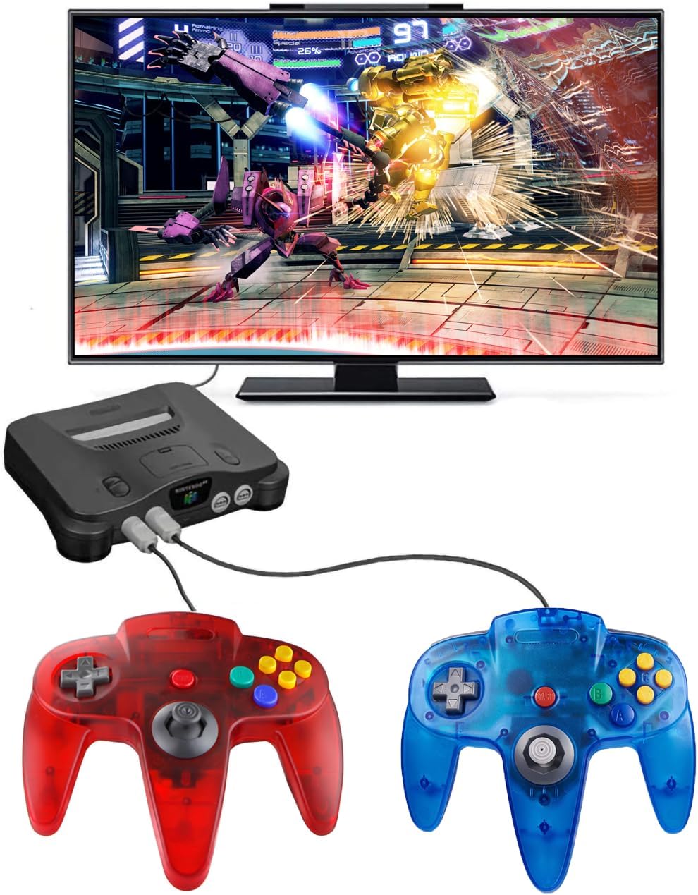 ZeroStory Classic N64 Controller, Controlador N64 con cable mejorado Joystick para Consola de Videojuegos N64 (Rojo Transparente y Azul Transparente)