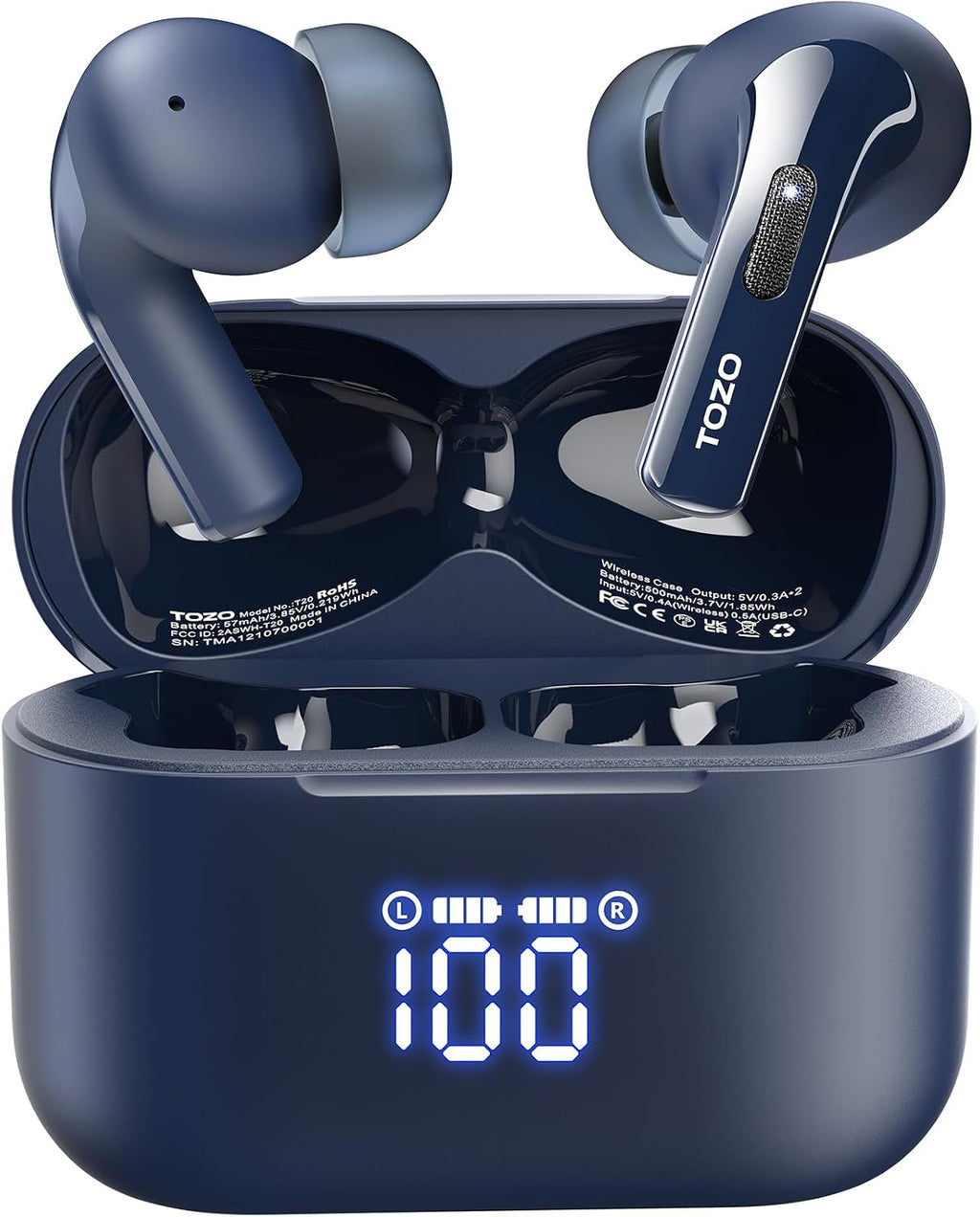 TOZO Auriculares inalámbricos T20 97H Playtime, estuche de pantalla LED de