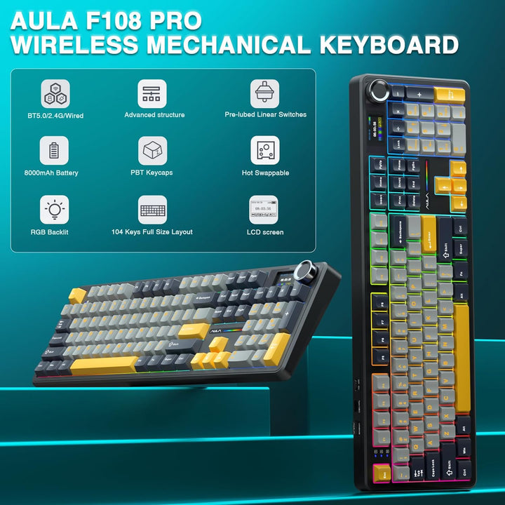 AULA F108 PRO - Teclado mecánico inalámbrico con pantalla y perilla...