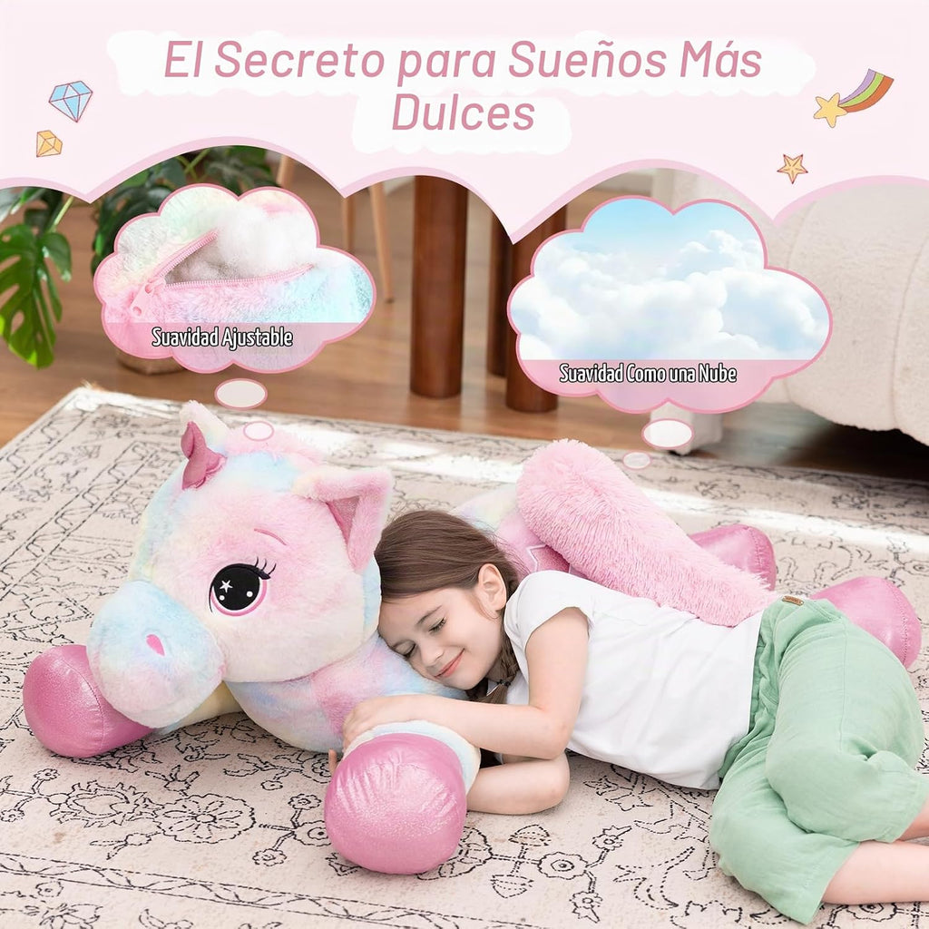 Muiteiur Animal de peluche de unicornio de 43.4 pulgadas, unicornio de peluche gigante para niñas, almohada de felpa suave, regalos para niñas y niños, rosa