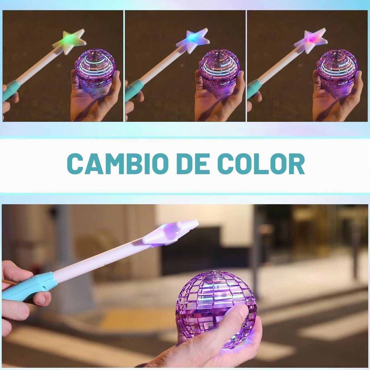 Esfera de orbe voladora azul con varita, spinner volador, accesorio para Navidad, regalo de cumpleaños, juguete para niños y adolescentes de 6, a 10 años de edad, globo cósmico, dron bumerán
