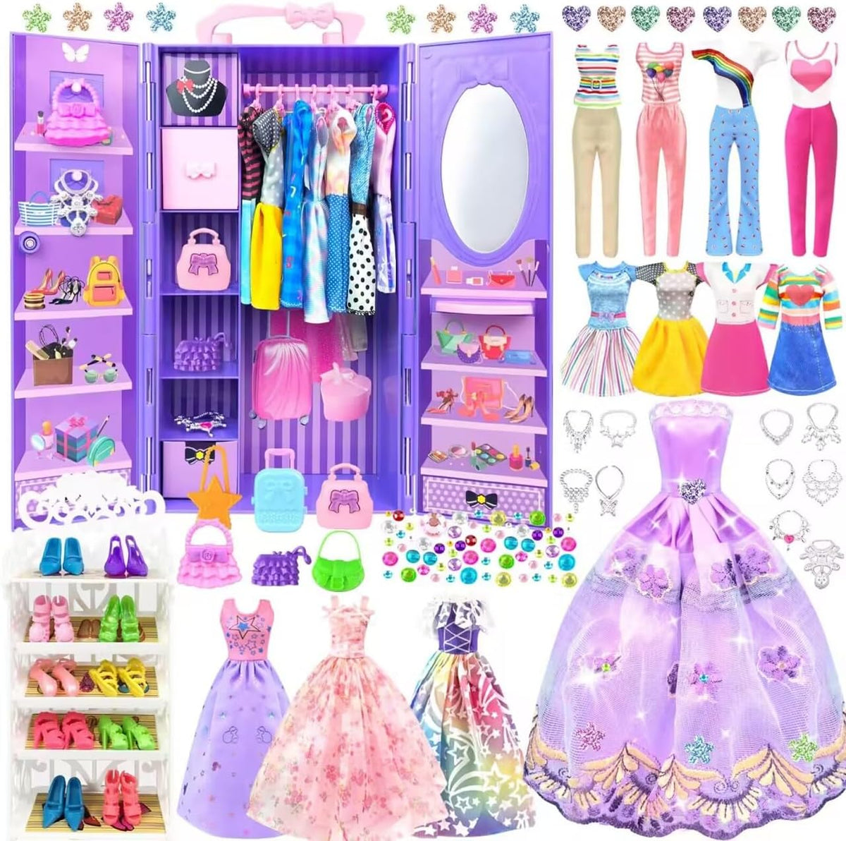 Kit de diseño de moda de 75 piezas de ropa y accesorios para muñeca con armario de muñeca para muñeca de 11.5 pulgadas, incluye vestido de novia, vestido de moda, conjuntos, tops y pantalones, zapatos