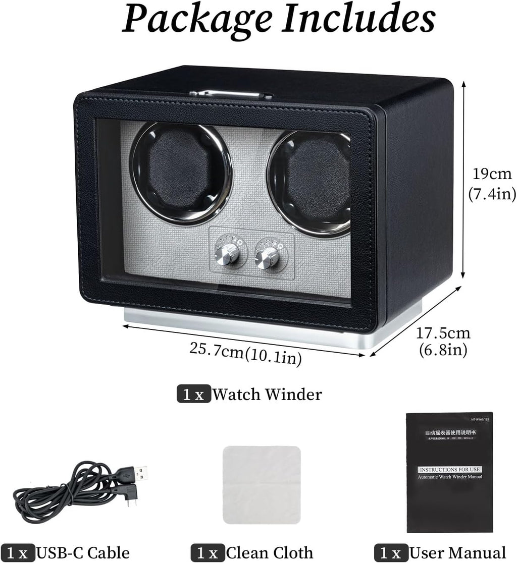 Mcbazel Enrollador de reloj para relojes automáticos, caja de bobinadora de reloj doble con luz LED, motor silencioso fabricado en Japón, regalo para hombre y mujer, negro