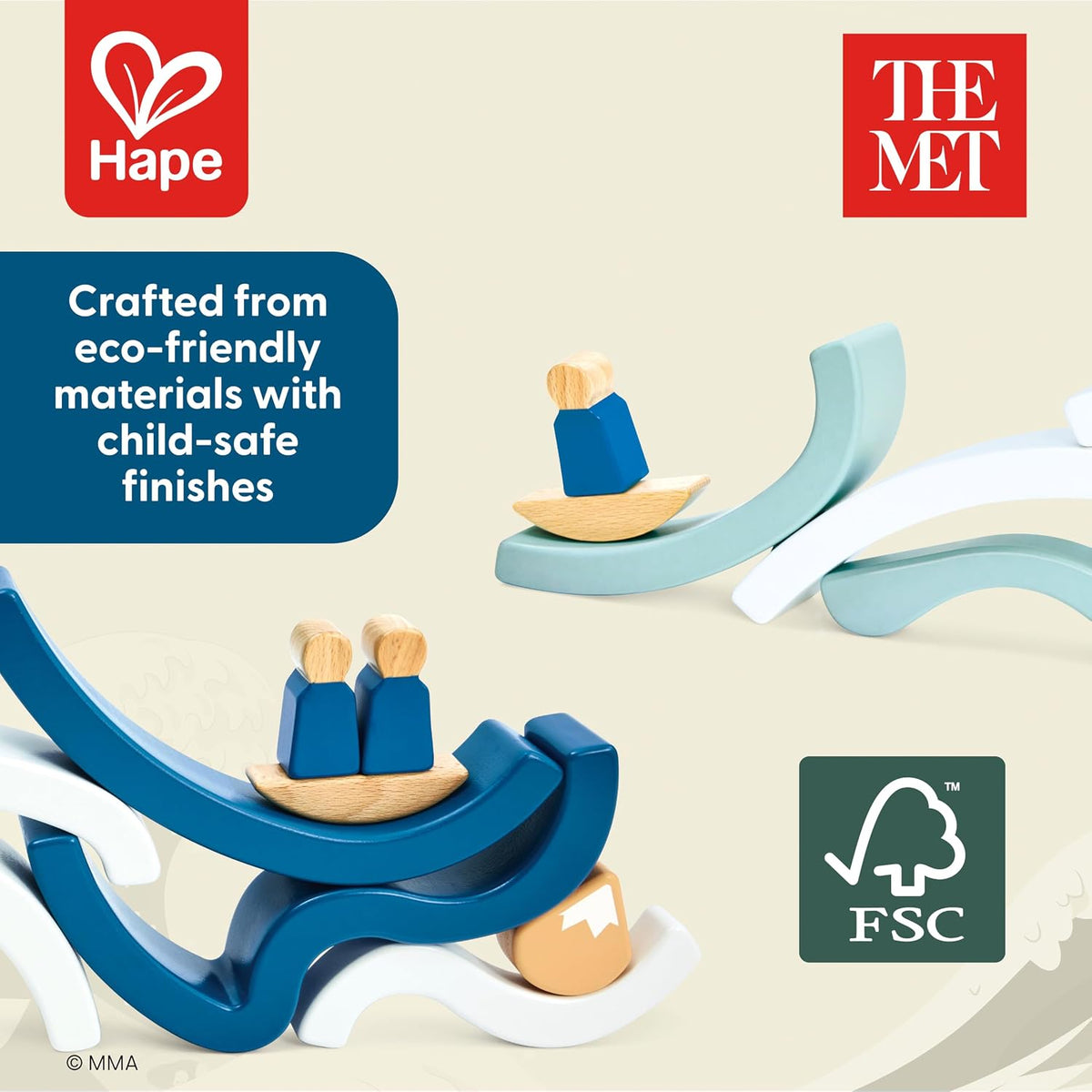Hape x The Met Hokusai - Bloques de construcción de madera Gran Ola – Juego de bloques inspirado en el arte para edades de 2 a 8 años – Habilidades motoras finas y creatividad