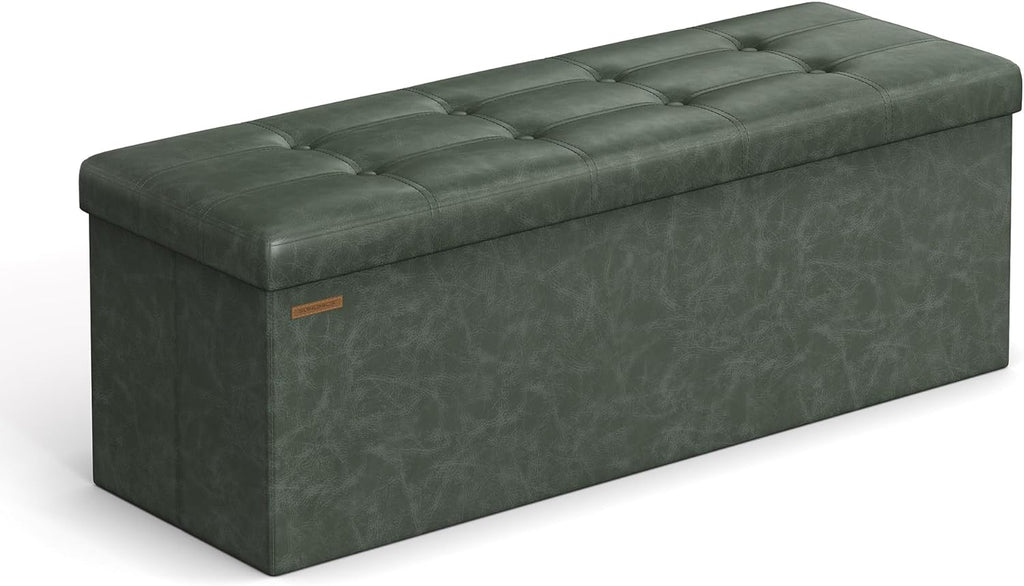 SONGMICS Colección Mazie - Banco otomano plegable de almacenamiento de 43 pulgadas, otomano con almacenamiento, taburete reposapiés, carga 660 lb, para sala de estar, piel sintética, verde bosque