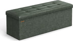 SONGMICS Colección Mazie - Banco otomano plegable de almacenamiento de 43 pulgadas, otomano con almacenamiento, taburete reposapiés, carga 660 lb, para sala de estar, piel sintética, verde bosque