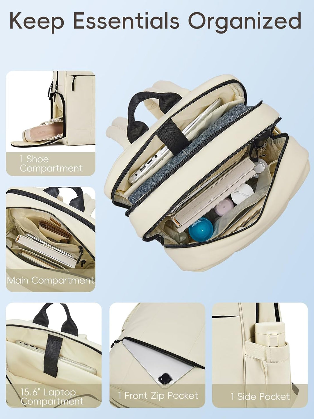 CLUCI Mochila esponjosa acolchonada para laptop para mujeres, Blanc...