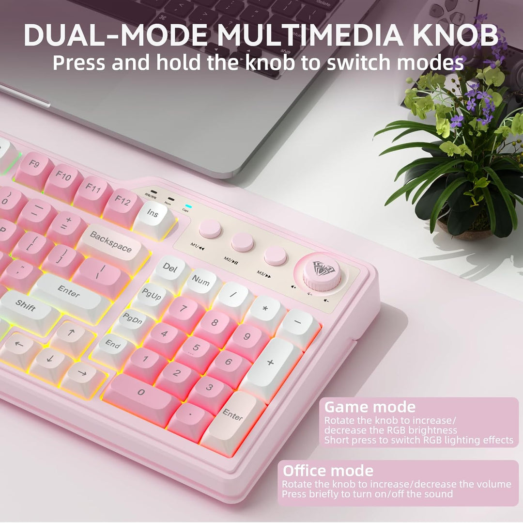 Aula F3099 - Teclado inalámbrico con perilla multimedia, triple mod...
