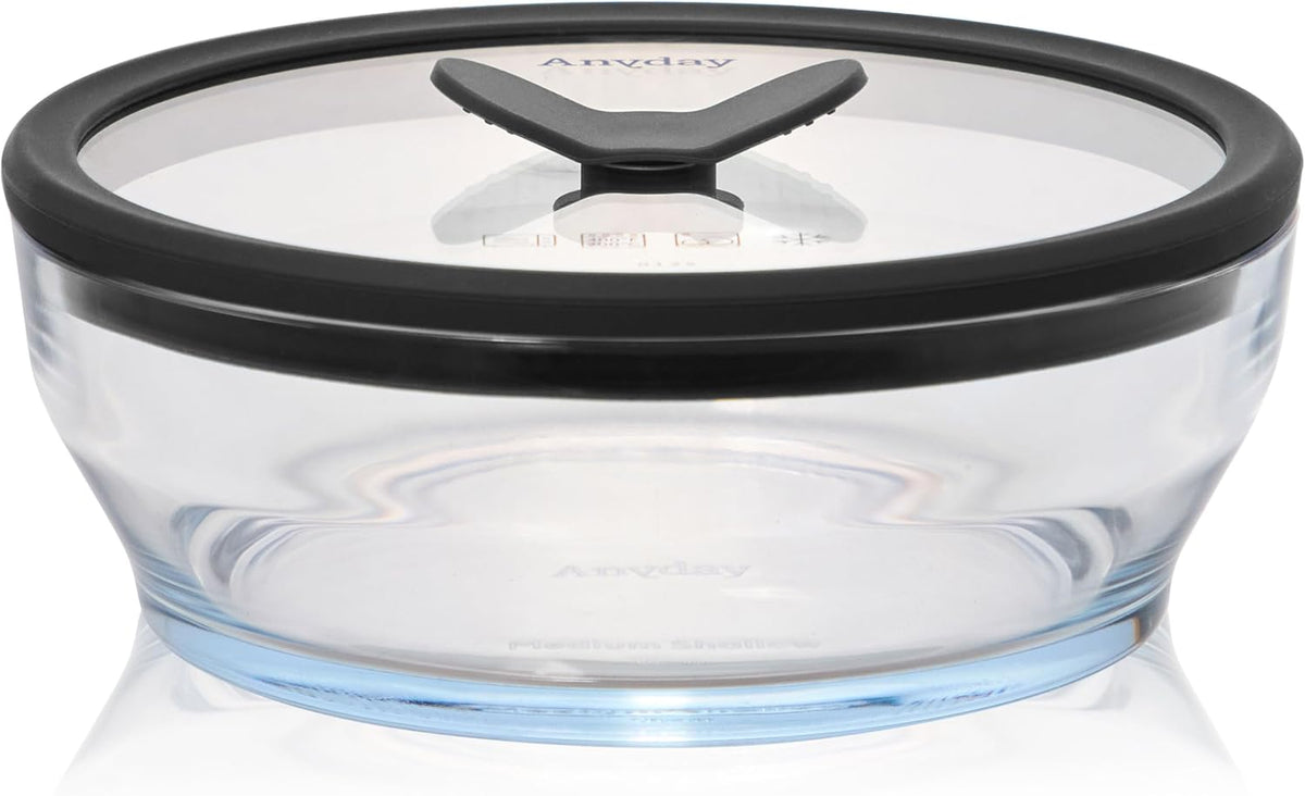 Anyday Almacenamiento de alimentos de vidrio de 4 tazas con tapa de vidrio, plato redondo poco profundo, preparación de comidas y utensilios de cocina para microondas sin plástico, recipiente