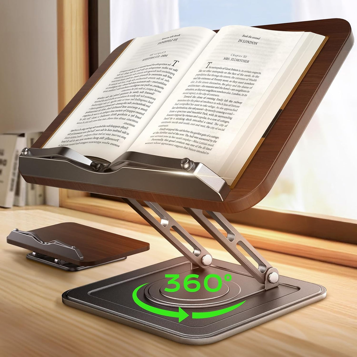 Soporte de libro para lectura, soporte giratorio de 360° con clip de