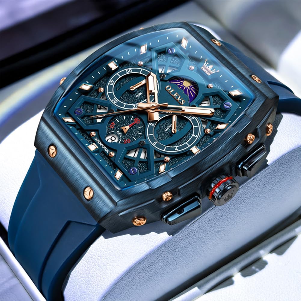 OLEVS Relojes para Hombre Casual Lujo Cara Grande Cronógrafo Multifuncional Relojes de Hombre Correa de Silicona/Nylon Duradera 3 ATM Resistente al Agua Reloj de Hombre Fecha Fase Lunar Reloj
