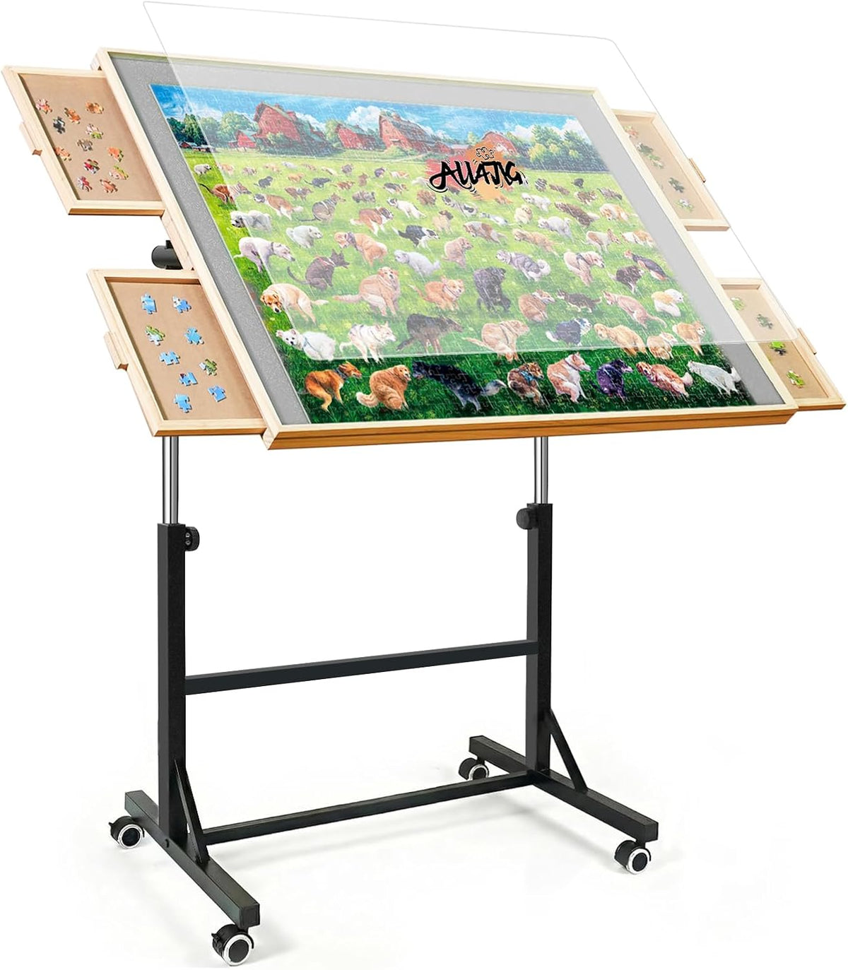 ALL4JIG - Mesa de rompecabezas de 1500 piezas con patas y ruedas, mesa de rompecabezas de madera de 24.92 x 33.58 pulgadas con 4 cajones y cubierta, diseño de mesa de altura ajustable, mesa para