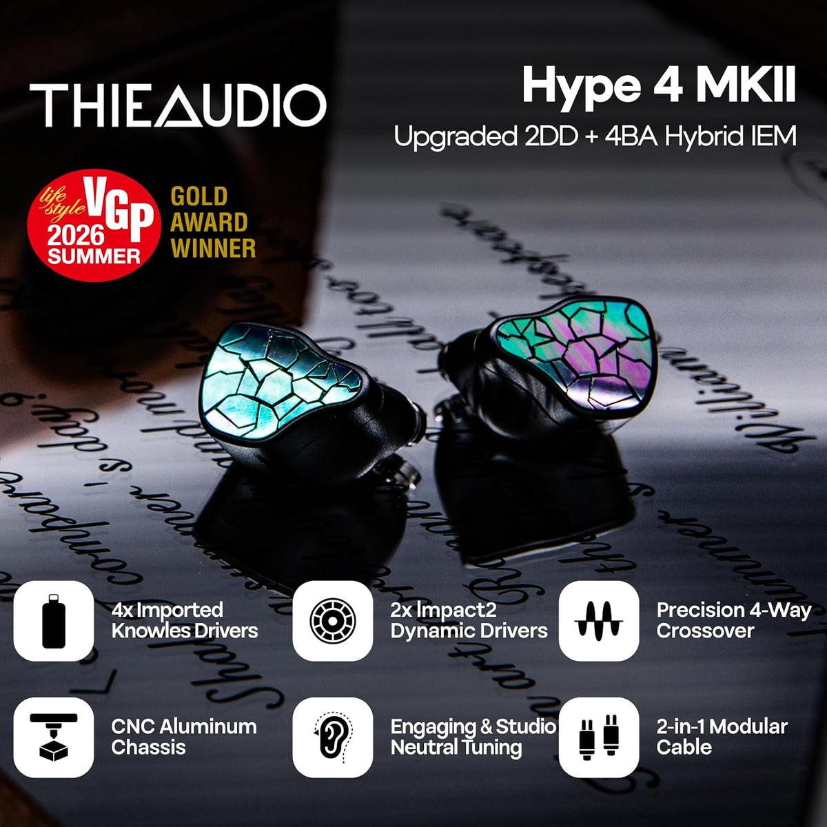 Linsoul THIEAUDIO HYPE 4 MKII 2DD + 4BA Hibrid Monitores Intrauditivos, Auriculares IEM con Cable de Alta Fidelidad, Sintonización Neutra y de Estudio, Audífonos de Juego de Aluminio CNC con Cable