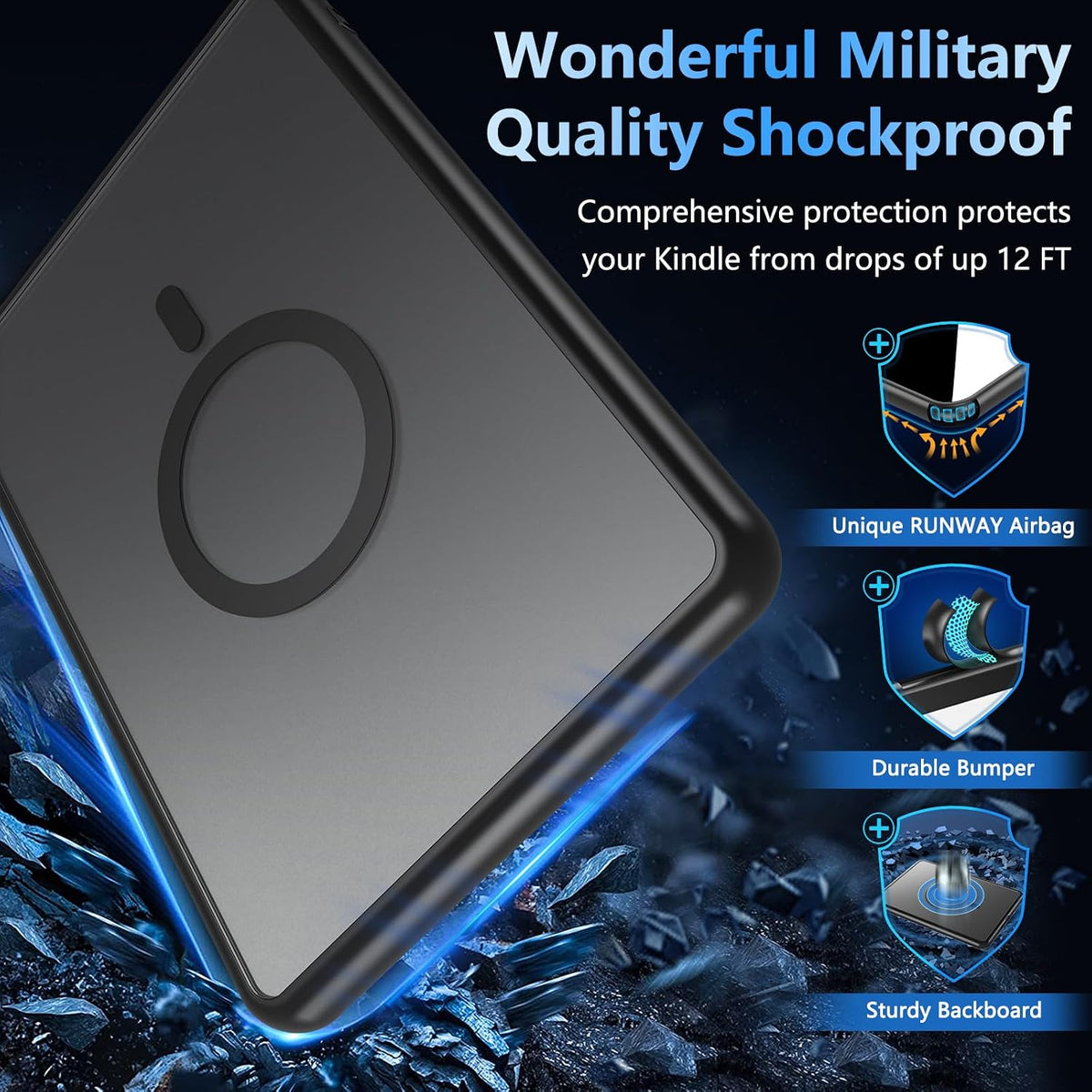OWKEY Funda Magnética para Kindle Paperwhite de 7" 12ª Generación 2024 y Kindle Colorsoft - con AirBag Compatible con iPhone MagSafe, Negro