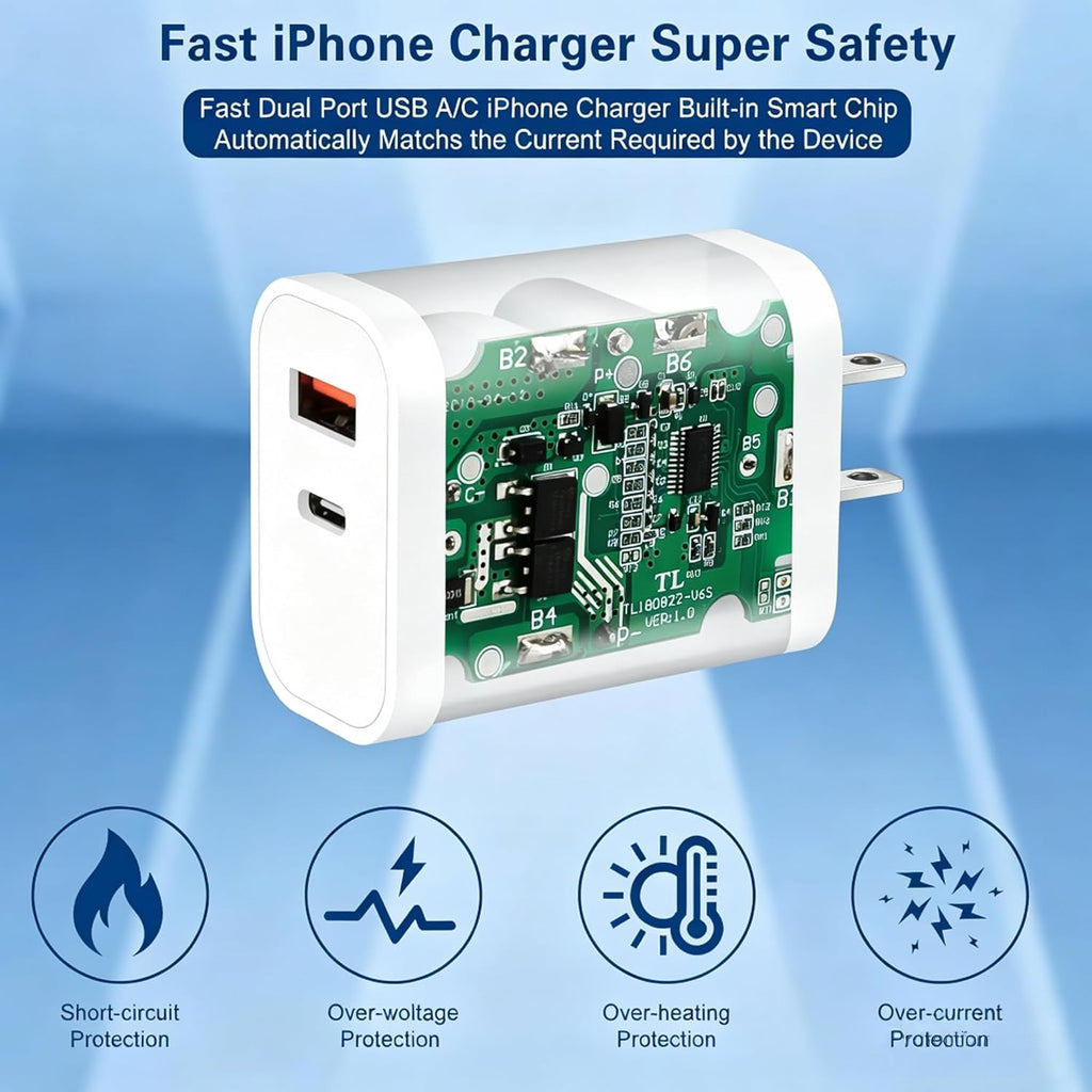 Cargador rápido para iPhone, cargador de iPhone A/C de doble puerto, bloque de carga rápida, paquete de 2 cargadores de pared para iPhone de Apple, adaptador de corriente de 10 pies USB C a cable Lightning para iPhone 14/13/12/11/ProMax/XS/XR